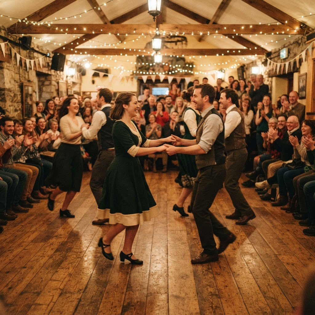 A group of set dancers mid-step in a community hall lit with warm string lights