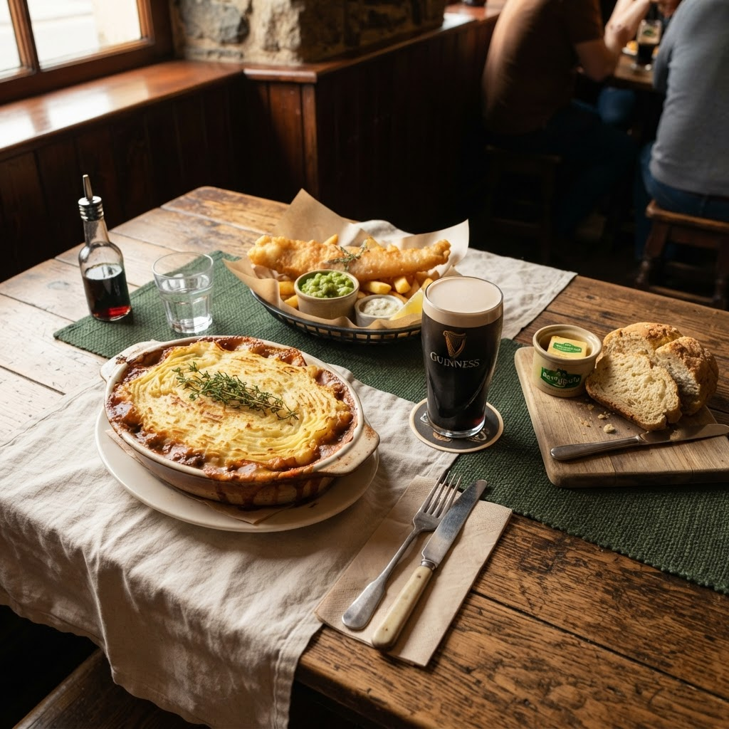 Traditional Irish pub fare including shepherd's pie, fish and chips, and a pint of stout